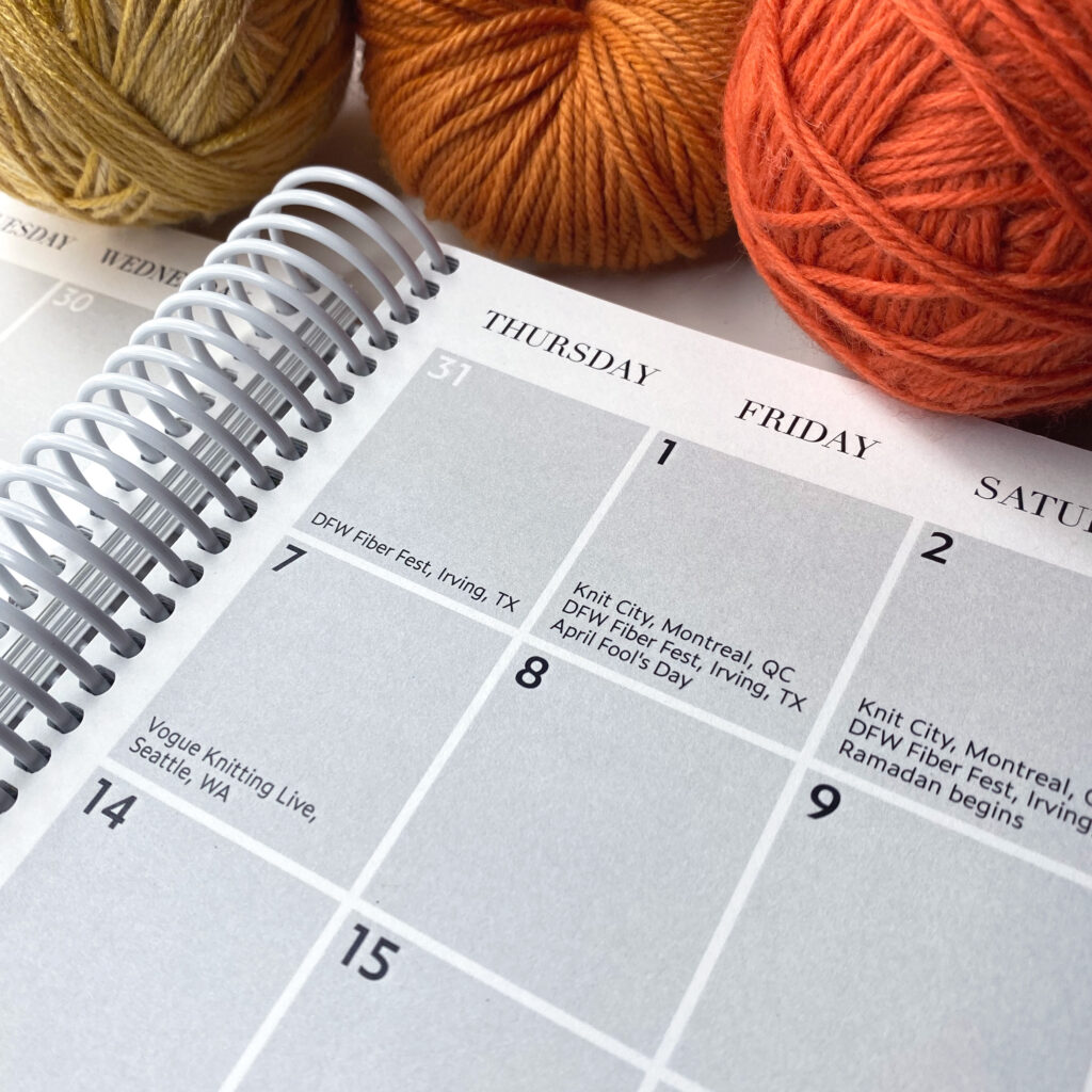 A Knitter's Planner calendar with knitting events in 2023 shown